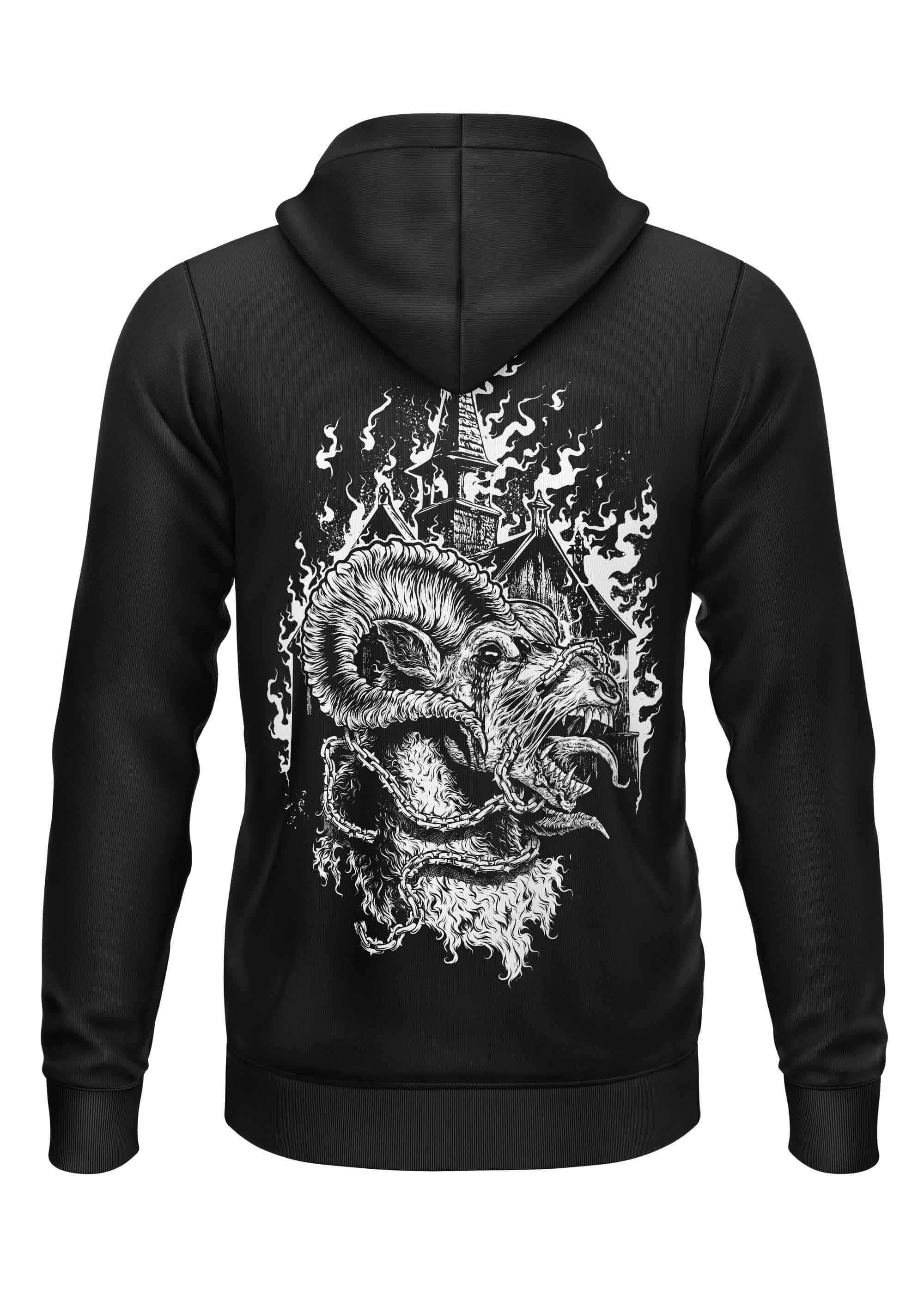 Schwarzer zip-hoodie mit gothic horror ram-kopf grafik und brennendem turm auf der rückseite unleashe goat